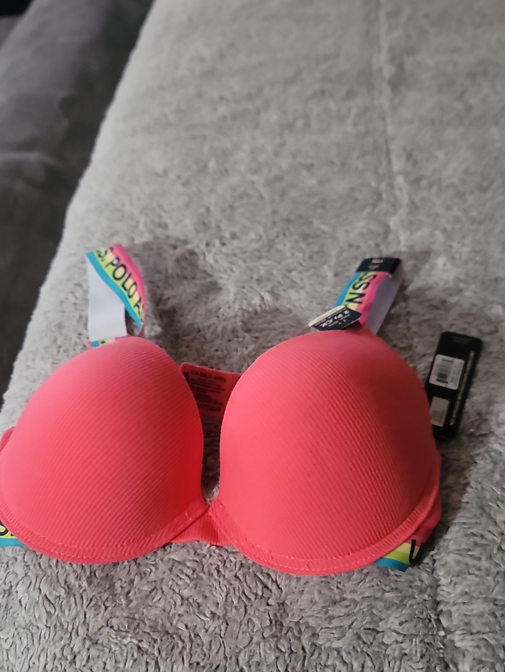 Neon Pink Padded Bra with Rainbow Logo Straps